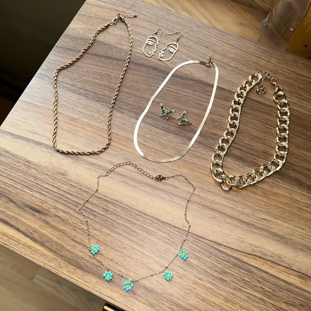 Bundle of gold dainty necklaces and earrings